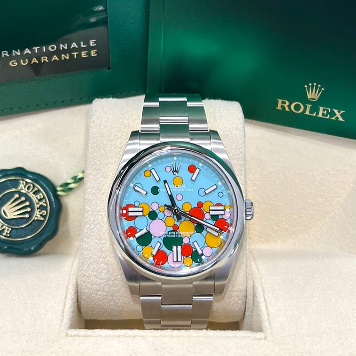 Rolex Oyster Perpetual 41, Oystersteel, 41mm, Turquoise Celebration Motif Dial, Ref# 124300-0008