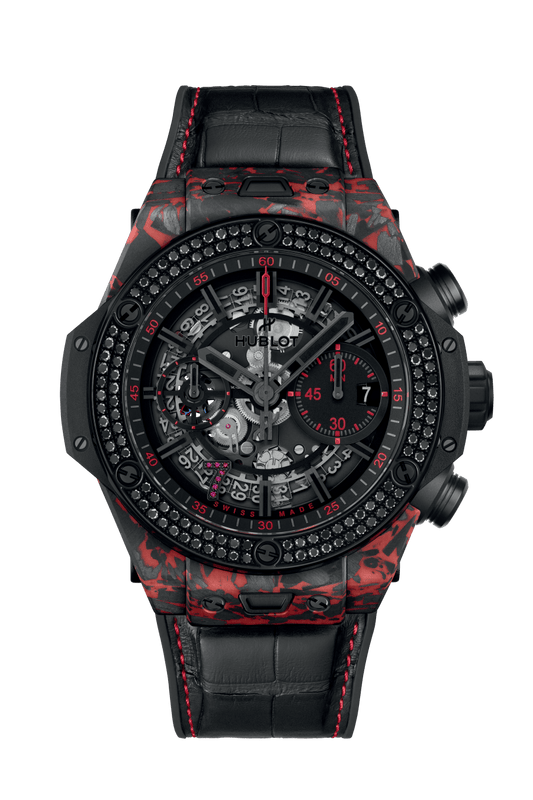 Hublot Big Bang Unico Red Carbon Black Diamonds Las Vegas Boutique, Matt Red Frosted carbon, 126 black diamonds, 44mm, Limited Edition, Ref# 421.QV.1113.LR.1100.LVB23