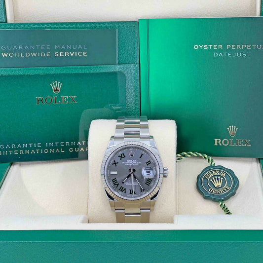 Rolex Datejust, 36mm, Oystersteel and 18k White Gold, Green Slate Roman, Oyster, Fluted, 126234-0046