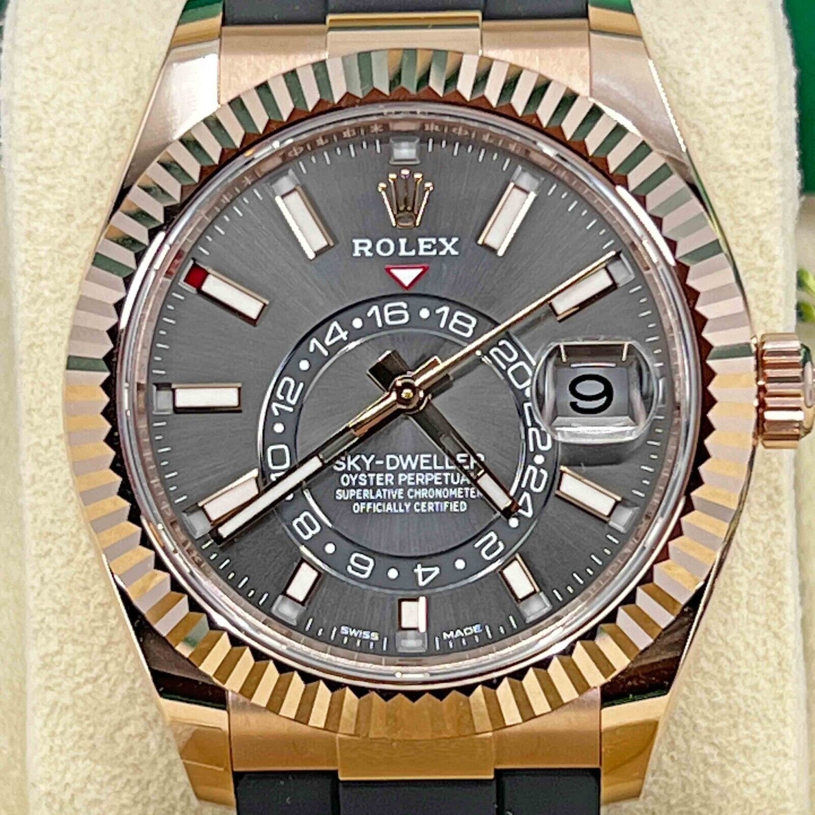 Rolex Sky-Dweller, 42mm, 18k Everose Gold, Oysterflex, Rhodium, Ref# 326235-0006, Dial