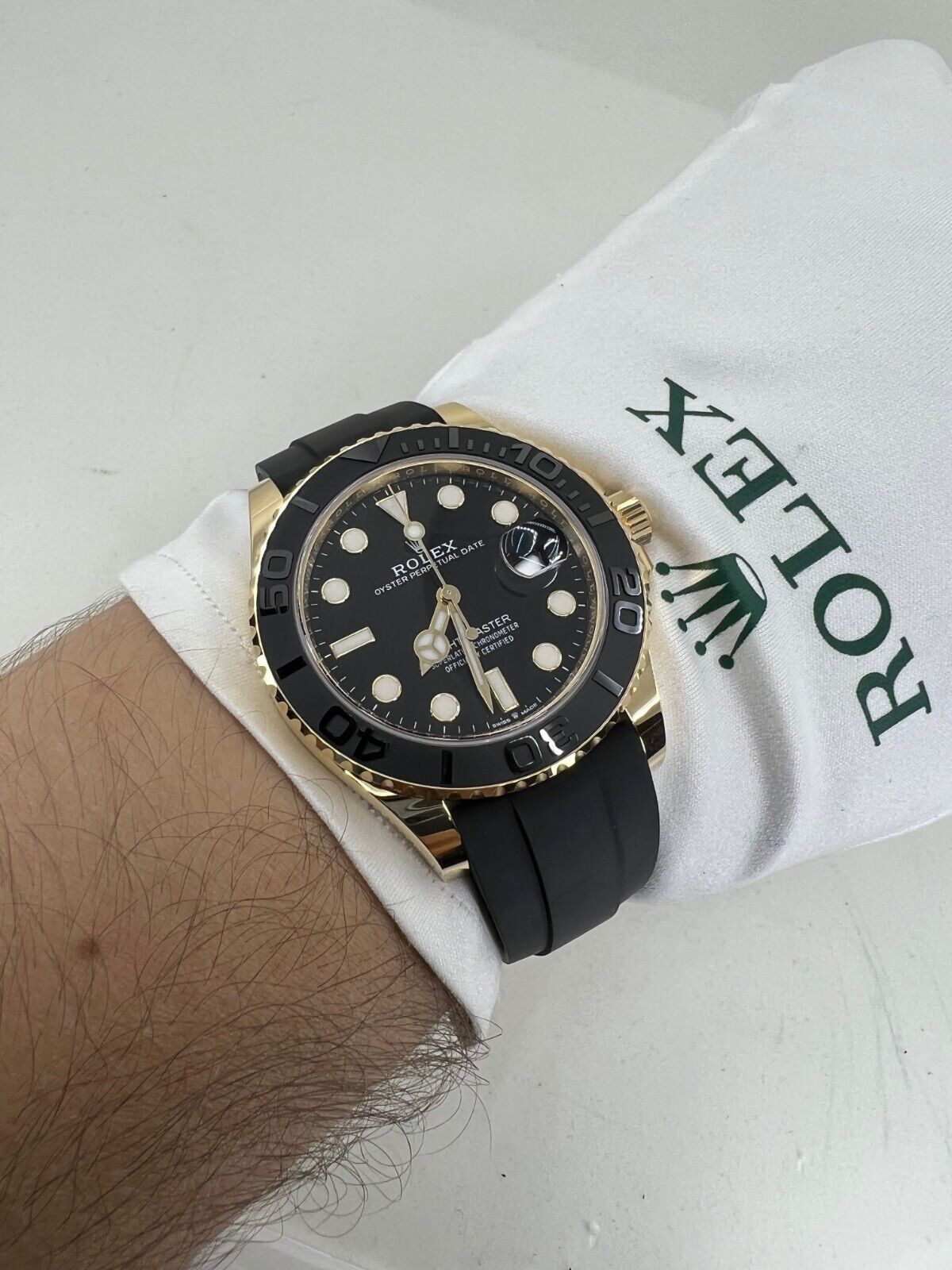 Rolex Yacht-Master 42mm, 18k Yellow Gold, Black Dial, Ref# 226658-0001, Watch on a hand