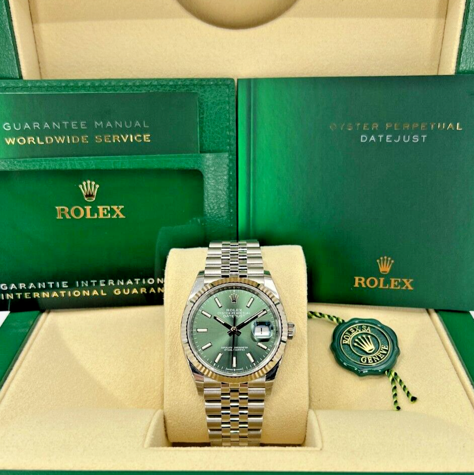 Rolex, Datejust 36, Oystersteel and 18k White Gold, 36mm, Green Mint Dial, Fluted, Jubilee, Ref# 126234-0051