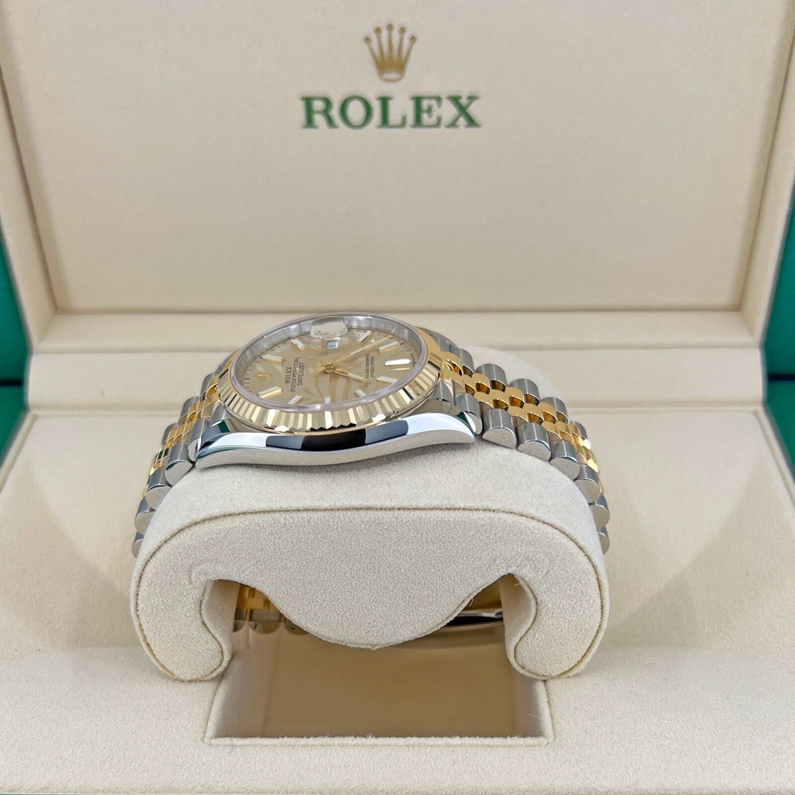 Rolex Datejust 36, 18k Yellow Gold and Stainless Steel, 36mm, Golden, palm motif dial, Ref# 126233-0037, Left
