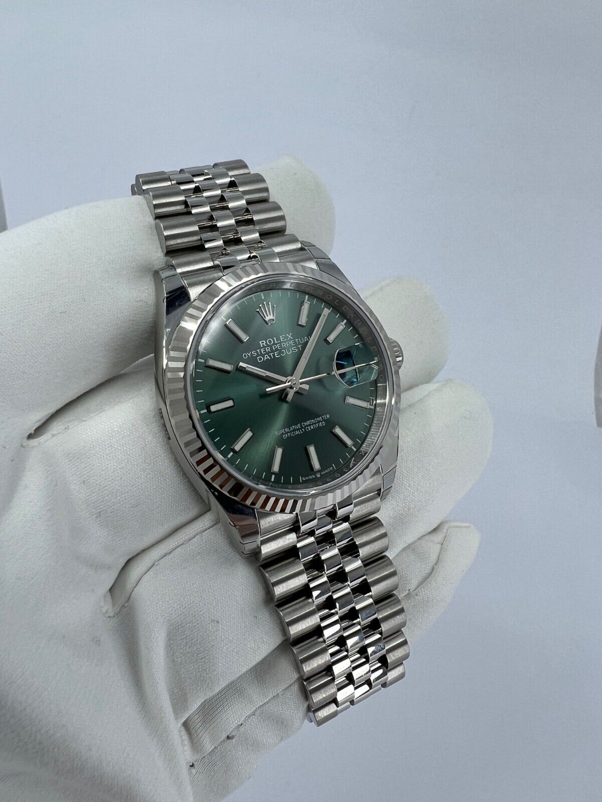 Rolex, Datejust 36, Oystersteel and 18k White Gold, 36mm, Green Mint Dial, Fluted, Jubilee, Ref# 126234-0051, main view