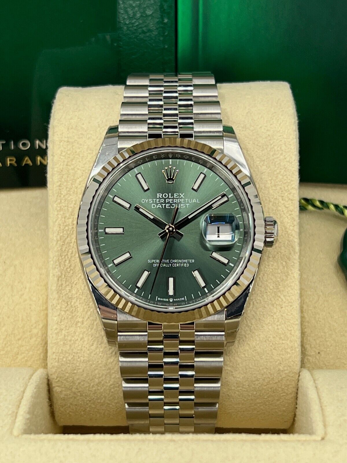 Rolex, Datejust 36, Oystersteel and 18k White Gold, 36mm, Green Mint Dial, Fluted, Jubilee, Ref# 126234-0051, Dial