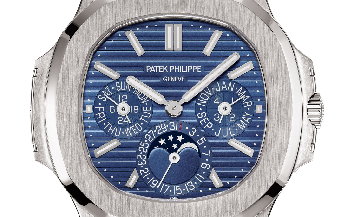 Patek Philippe Nautilus Perpetual Calendar Watch, 18k White Gold, 40mm, Ref# 5740/1G-001, Dial