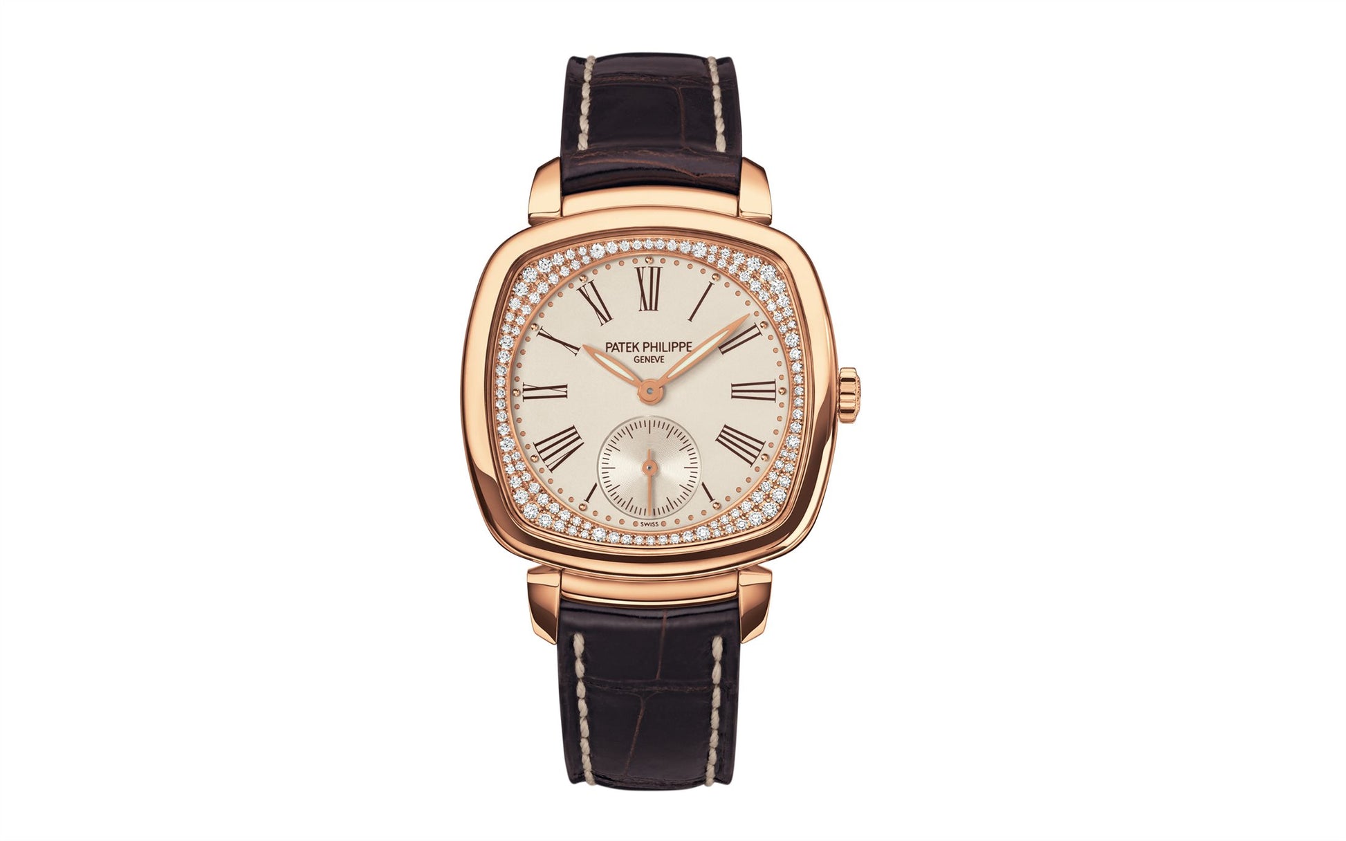 Patek Philippe Ladies Gondolo Small seconds, 18kt Rose Gold set with 108 diamonds, 30 × 33.8 mm, Ref# 7041R-001, 1