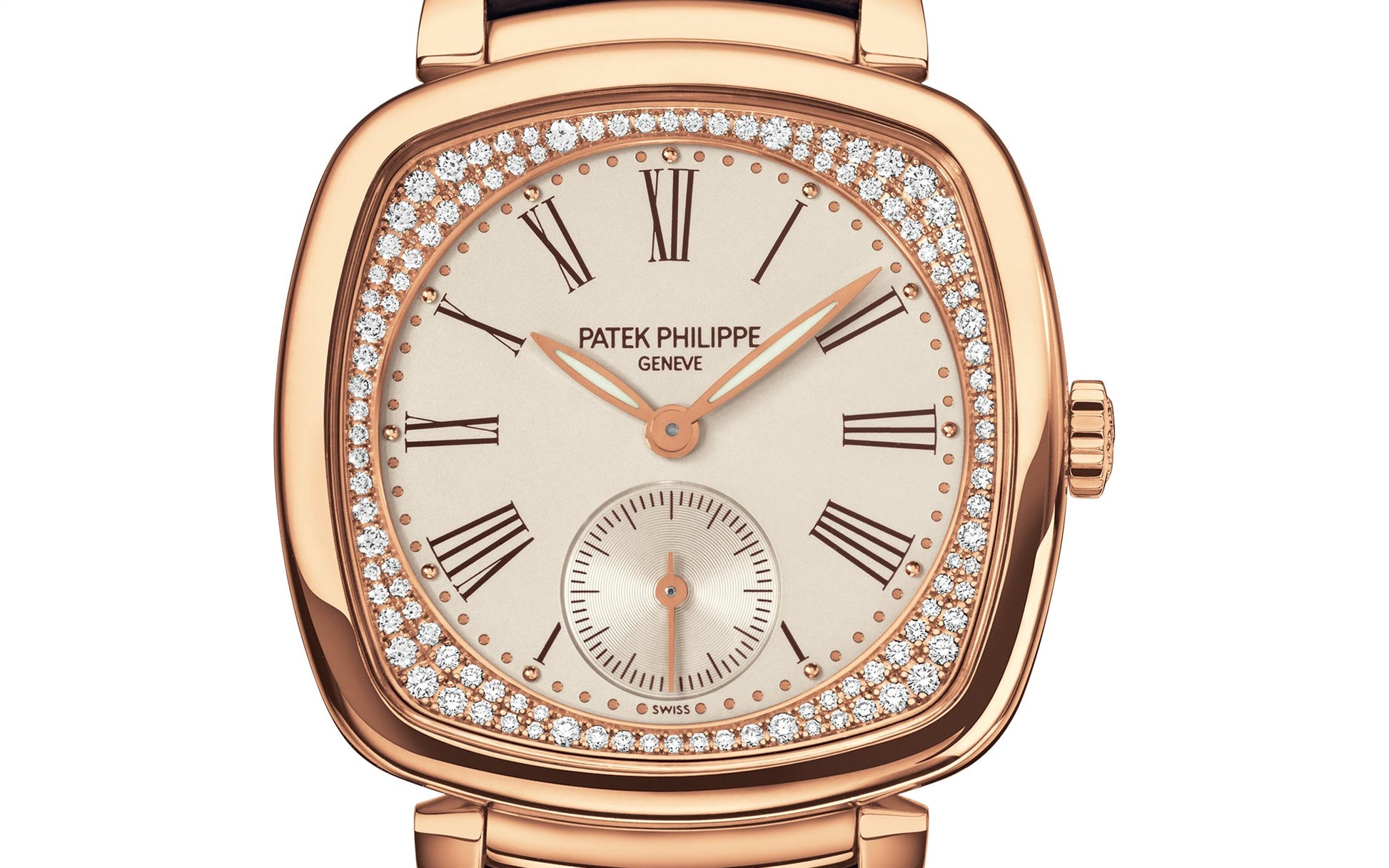 Patek Philippe Ladies Gondolo Small seconds, 18kt Rose Gold set with 108 diamonds, 30 × 33.8 mm, Ref# 7041R-001, Dial