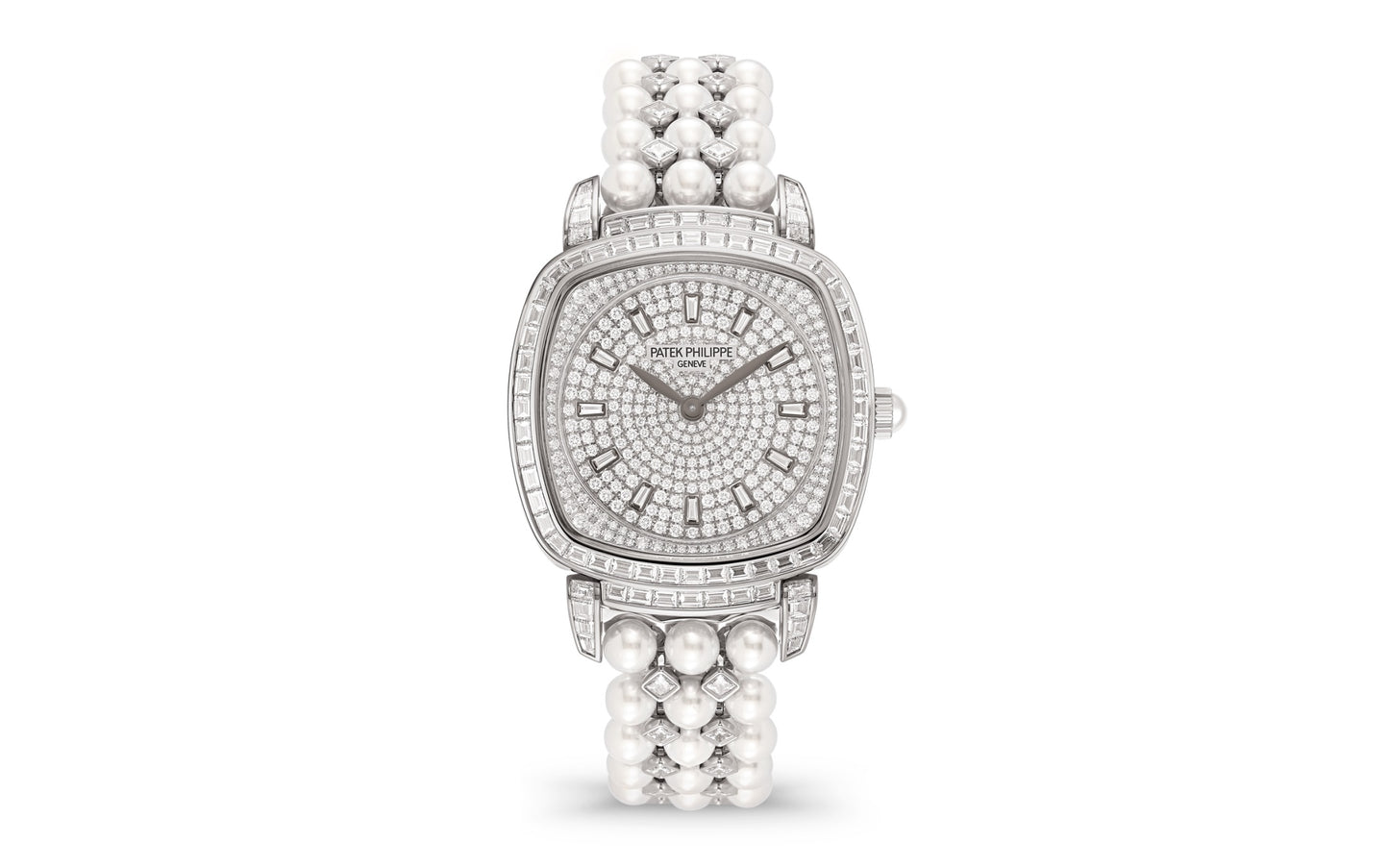 Patek Philippe Ladies Gondolo Haute Joaillerie, 18kt White Gold set with diamonds and Akoya pearls, 31 × 34.8mm, Ref# 7042/100G-010, 1