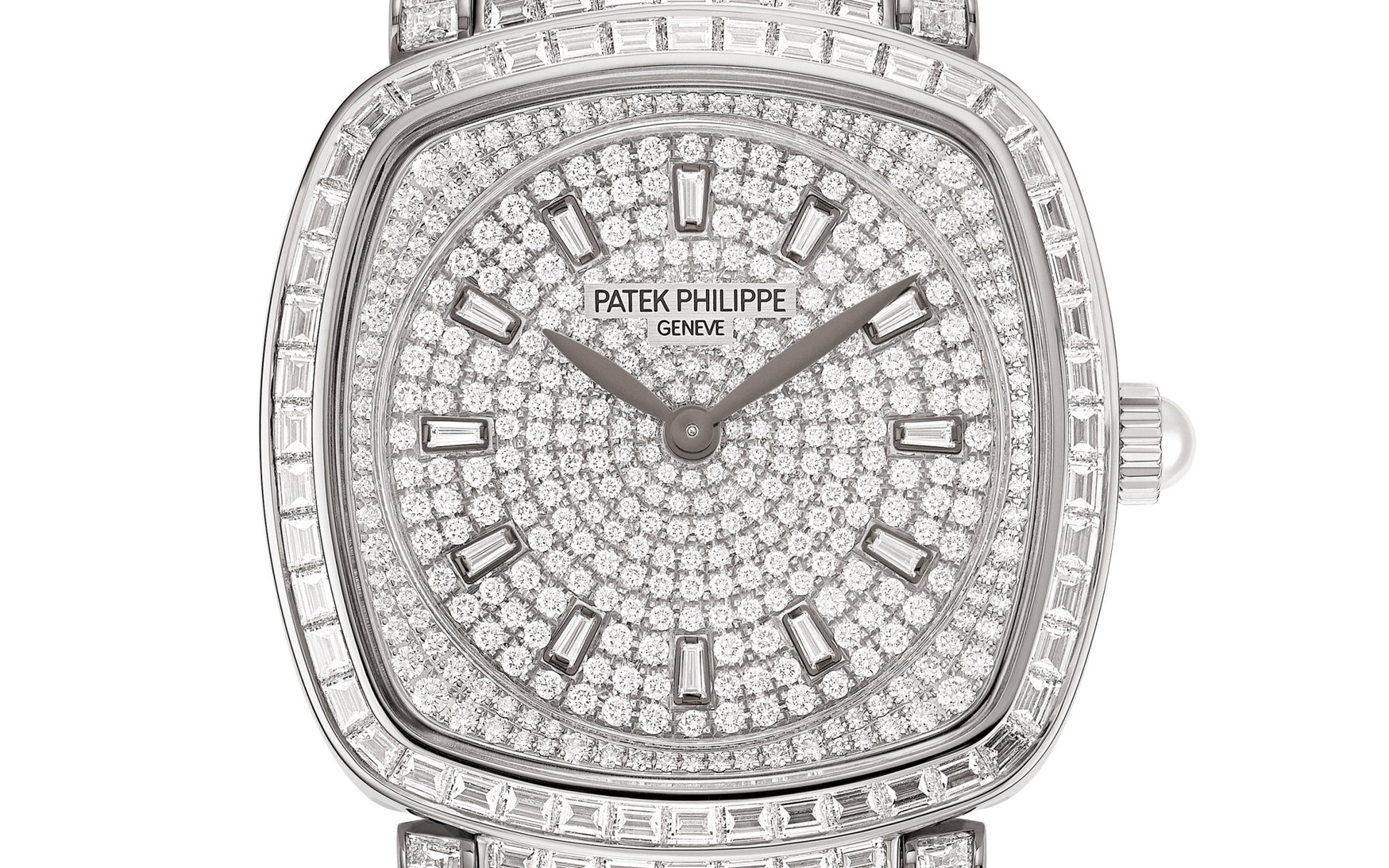 Patek Philippe Ladies Gondolo Haute Joaillerie, 18kt White Gold set with diamonds and Akoya pearls, 31 × 34.8mm, Ref# 7042/100G-010, Dial