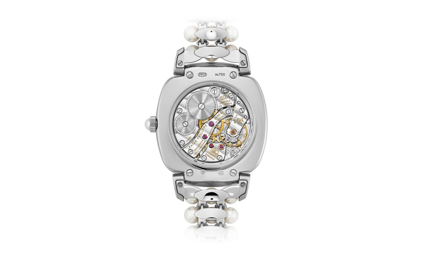 Patek Philippe Ladies Gondolo Haute Joaillerie, 18kt White Gold set with diamonds and Akoya pearls, 31 × 34.8mm, Ref# 7042/100G-010, back