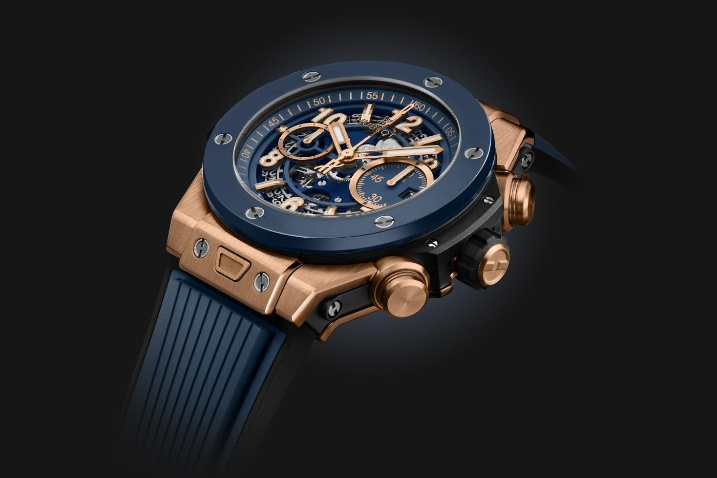 Side Hublot Big Bang UNICO KING GOLD BLUE CERAMIC Ref# 421.OL.5180.RX