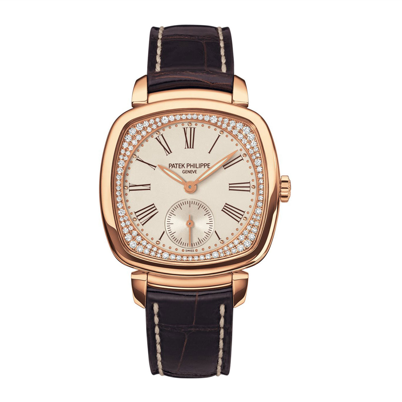 Patek Philippe Ladies Gondolo Small seconds, 18kt Rose Gold set with 108 diamonds, 30 × 33.8 mm, Ref# 7041R-001